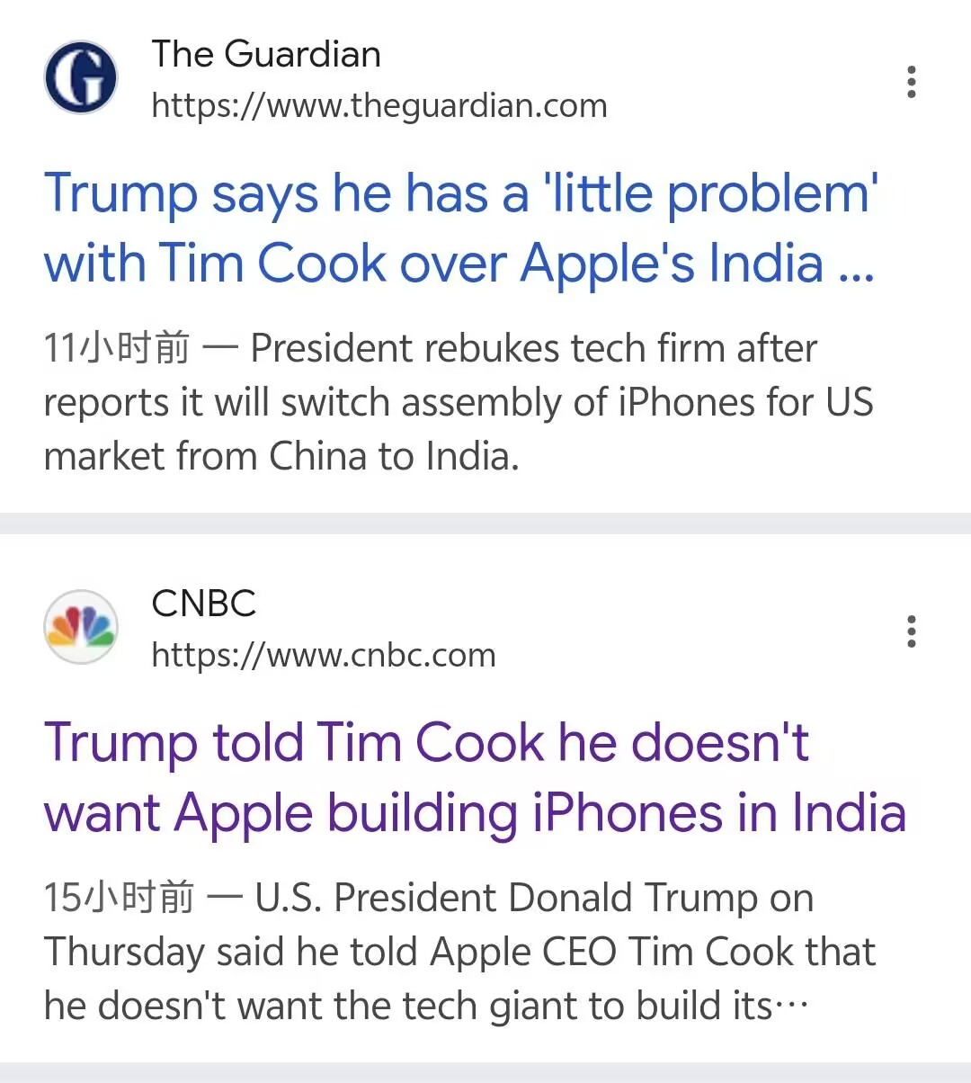 美媒：特朗普不希望苹果公司在印度生产iPhone